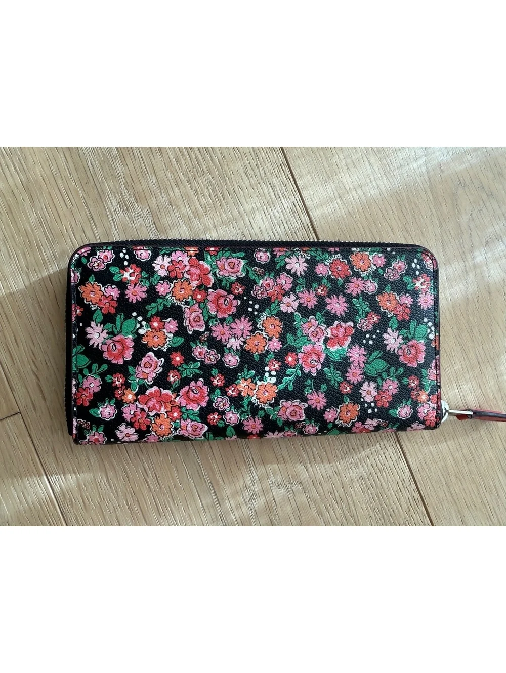 Coach Floral Print Zip Around Wallet Pink Black Leather